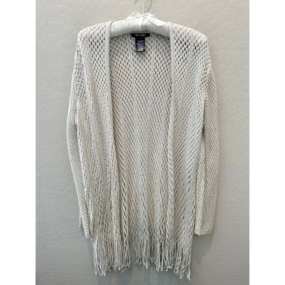 NIC + ZOË | White Cotton Nylon Crochet Open Weave Fringe Long Cardigan | Large - Picture 1 of 7